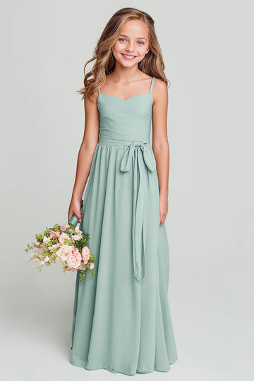 Matcha Spaghetti Straps Chiffon Ruched A-Line Long Junior Bridesmaid Dress